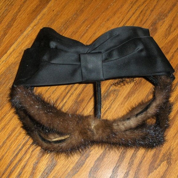 Vintage Mink Hat with Black Bow Cap Head Topper Cover - Picture 4 of 5